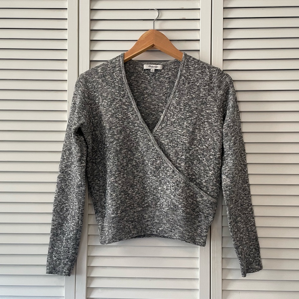 Madewell Black & White Heathered Wrap V-Neck Pullover Sweater